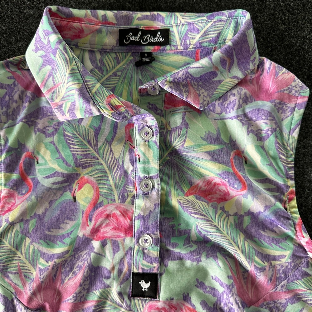 Bad Birdie Womens Sleeveless Golf Polo Shirt Flamingo Tropical Purple Green S